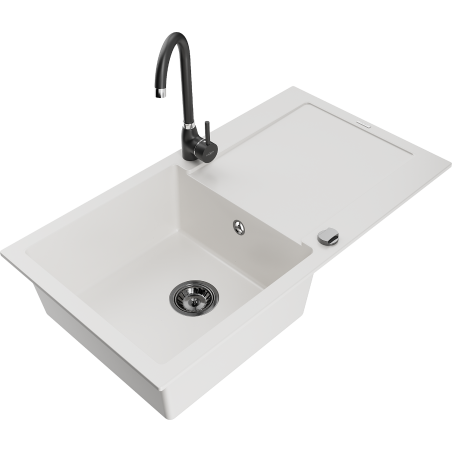 Mexen Leo jednokomorový žulový dřez s odkapávačem a kuchyňskou baterií Telma, bílý - 6501-20-670200-70