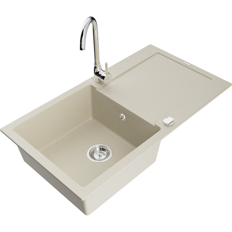 Mexen Leo granitový dřez 1-komorový s odkapávačem a kuchyňskou baterií Telma, béžový - 6501-69-670200-00