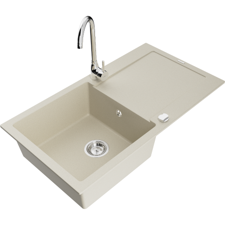 Mexen Leo granitový dřez 1-komorový s odkapávačem a kuchyňskou baterií Telma, béžový - 6501-69-670200-00