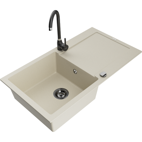 Mexen Leo granitový dřez 1-komorový s odkapávačem a kuchyňskou baterií Telma, béžový - 6501-69-670200-70