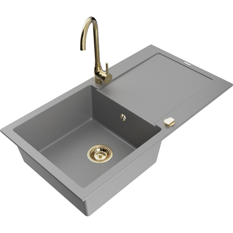 Mexen Leo granitový dřez 1-komorový s odkapávačem a kuchyňskou baterií Telma, šedý - 6501-71-670200-50