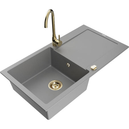 Mexen Leo granitový dřez 1-komorový s odkapávačem a kuchyňskou baterií Telma, šedý - 6501-71-670200-50