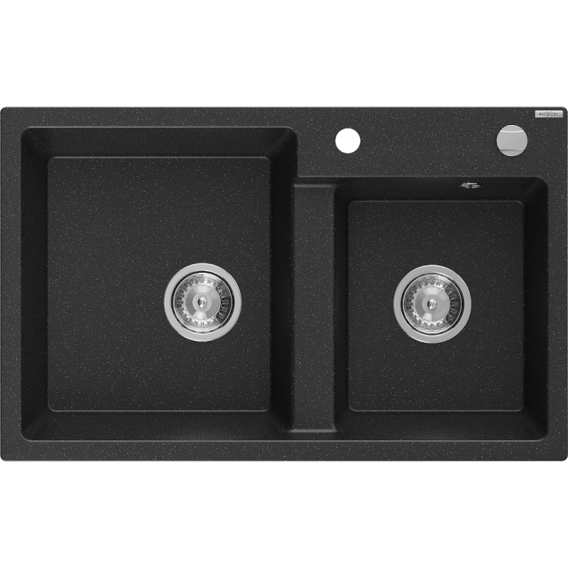 Mexen Tomas dvoukomorový granitový dřez 800 x 500 mm, černý/stříbrný metalik, sifon chrom - 6516802000-73
