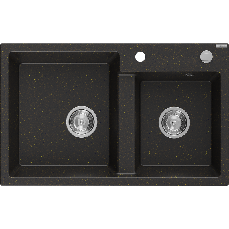 Mexen Tomas granitový dřez 2-komorový 800 x 500 mm, černý/zlatý metalický, chromový sifon - 6516802000-75