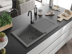 Mexen Leo granitový dřez 1-komorový s odkapávačem a kuchyňskou baterií Telma, šedý - 6501-71-670200-70-B