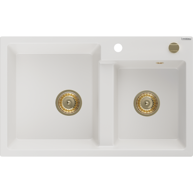 Mexen Tomas žulový dřez 2 komorový 800 x 500 mm, bílý, zlatý sifon - 6516802000-20-G