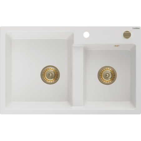 Mexen Tomas žulový dřez 2 komorový 800 x 500 mm, bílý, zlatý sifon - 6516802000-20-G
