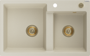 Mexen Tomas žulový dřez s 2 komorami, 800 x 500 mm, béžový, zlatý sifon - 6516802000-69-G