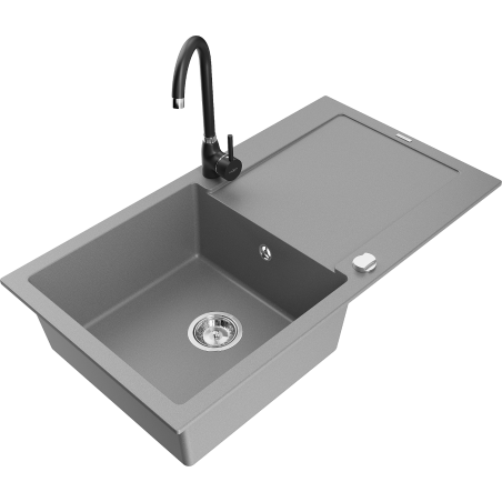 Mexen Leo granitový dřez 1-komorový s odkapávačem a kuchyňskou baterií Telma, šedý - 6501-71-670200-70