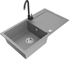 Mexen Leo granitový dřez 1-komorový s odkapávačem a kuchyňskou baterií Telma, šedý - 6501-71-670200-70