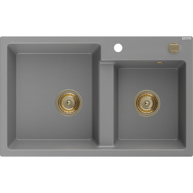 Mexen Tomas žulový dřez 2-komorový 800 x 500 mm, šedý, sifon zlatý - 6516802000-71-G