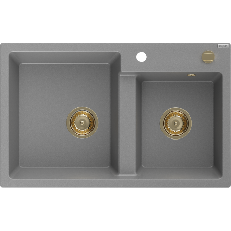 Mexen Tomas žulový dřez 2-komorový 800 x 500 mm, šedý, sifon zlatý - 6516802000-71-G