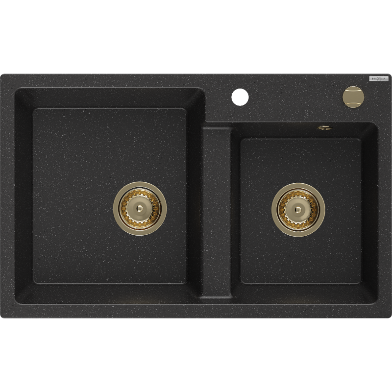Mexen Tomas granitový dřez 2-komorový 800 x 500 mm, černý/stříbrný metalik, sifon zlatý - 6516802000-73-G