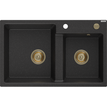 Mexen Tomas granitový dřez 2-komorový 800 x 500 mm, černý/stříbrný metalik, sifon zlatý - 6516802000-73-G