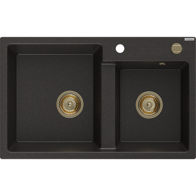 Mexen Tomas dvoukomorový granitový dřez 800 x 500 mm, černý/zlatý metalik, sifon zlatý - 6516802000-75-G