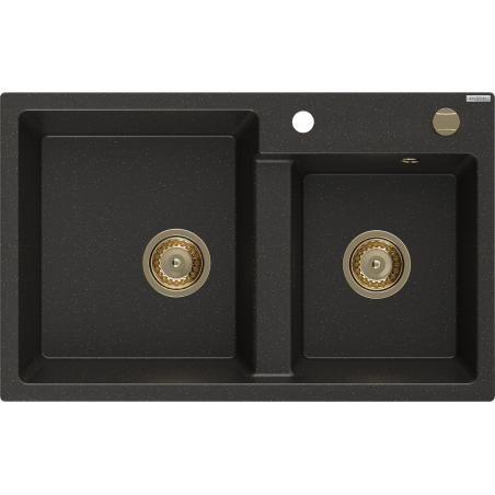 Mexen Tomas dvoukomorový granitový dřez 800 x 500 mm, černý/zlatý metalik, sifon zlatý - 6516802000-75-G