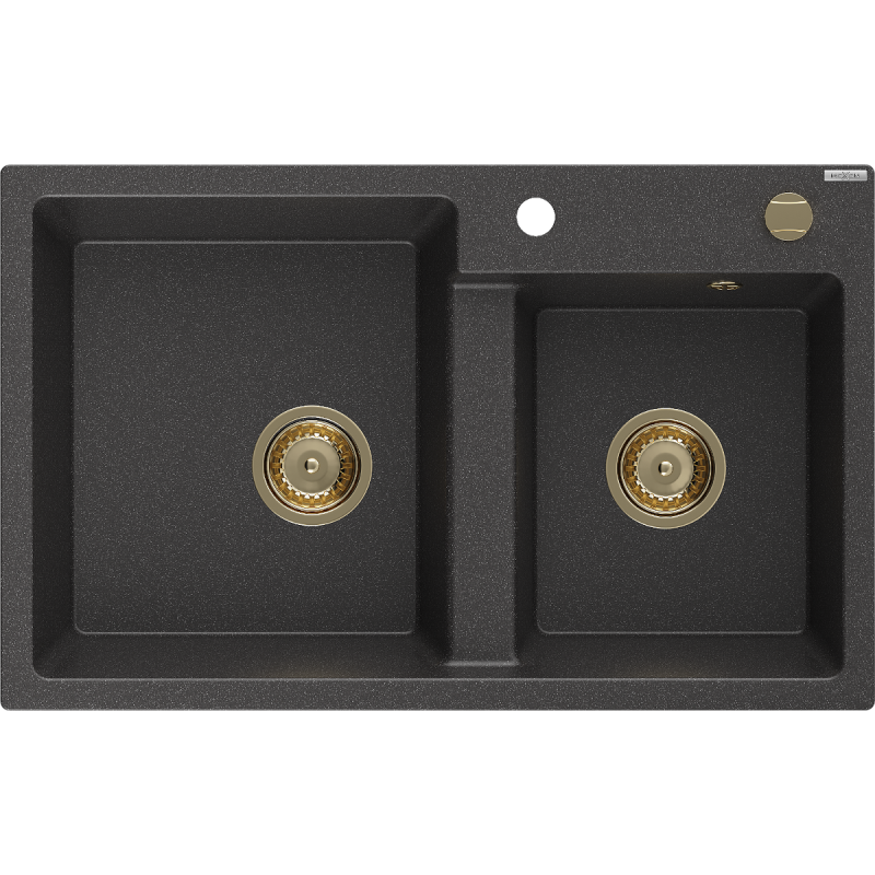 Mexen Tomas granitový dřez 2-komorový 800 x 500 mm, černý tečkovaný, zlatý sifon - 6516802000-76-G