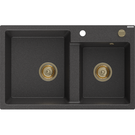 Mexen Tomas granitový dřez 2-komorový 800 x 500 mm, černý tečkovaný, zlatý sifon - 6516802000-76-G
