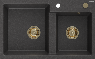 Mexen Tomas granitový dřez 2-komorový 800 x 500 mm, černý tečkovaný, zlatý sifon - 6516802000-76-G