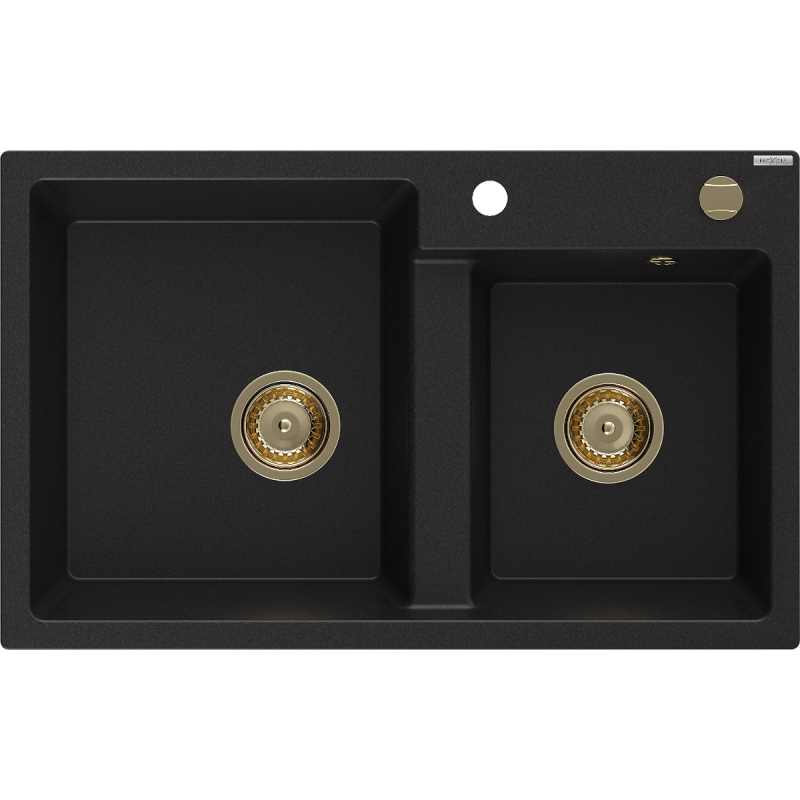 Mexen Tomas granitový dřez 2-komorový 800 x 500 mm, černý, sifon zlatý - 6516802000-77-G