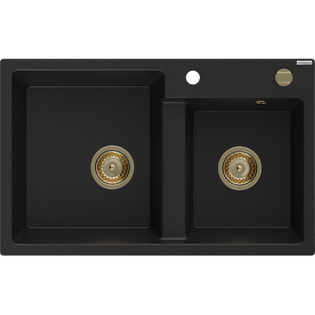Mexen Tomas granitový dřez 2-komorový 800 x 500 mm, černý, sifon zlatý - 6516802000-77-G