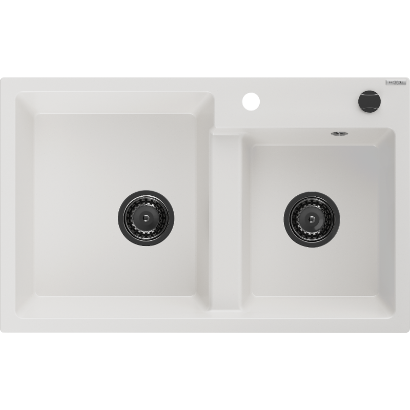 Mexen Tomas granitový dřez 2-komorový 800 x 500 mm, bílý, černý sifon - 6516802000-20-B