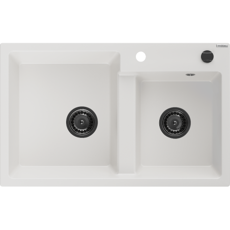 Mexen Tomas granitový dřez 2-komorový 800 x 500 mm, bílý, černý sifon - 6516802000-20-B