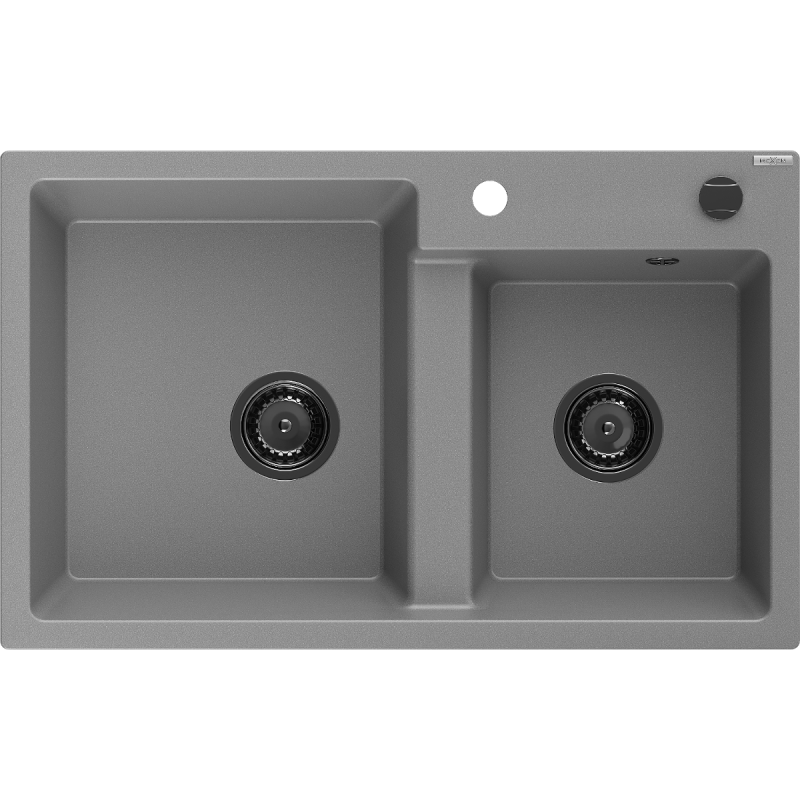 Mexen Tomas žulový kuchyňský dřez s 2 komorami 800 x 500 mm, šedý, černý sifon - 6516802000-71-B