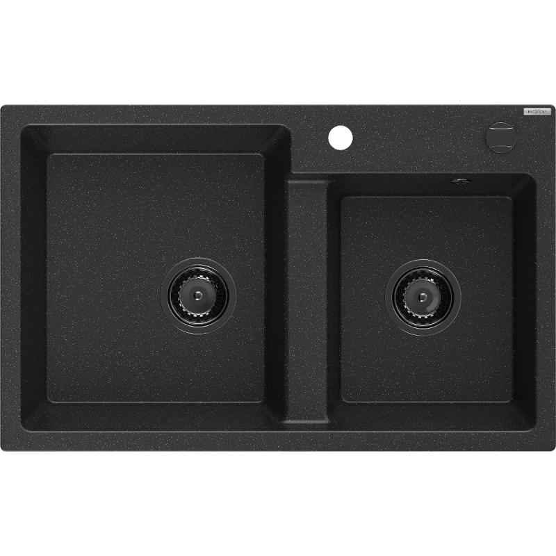 Mexen Tomas žulový dřez dvoukomorový 800 x 500 mm, černý/stříbrný metalík, černý sifon - 6516802000-73-B