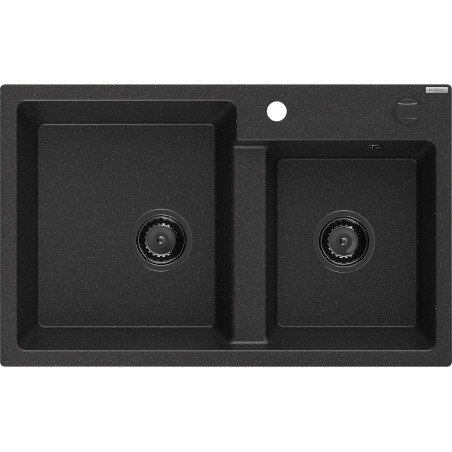 Mexen Tomas žulový dřez dvoukomorový 800 x 500 mm, černý/stříbrný metalík, černý sifon - 6516802000-73-B