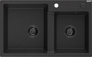Mexen Tomas žulový dřez dvoukomorový 800 x 500 mm, černý/stříbrný metalík, černý sifon - 6516802000-73-B