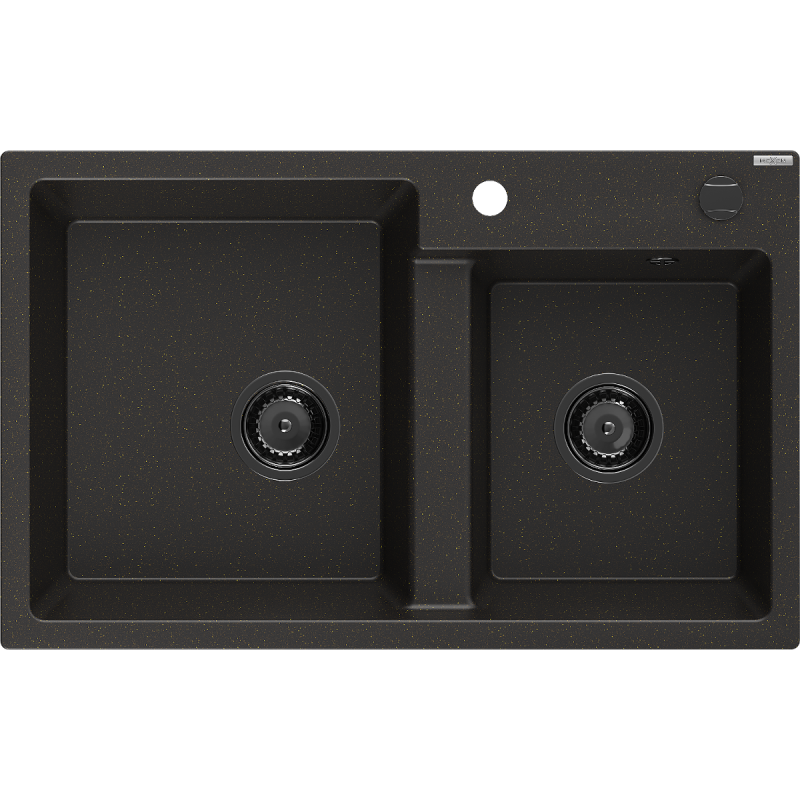 Mexen Tomas žulový dřez 2-komorový 800 x 500 mm, černý/zlatý metalik, černý sifon - 6516802000-75-B