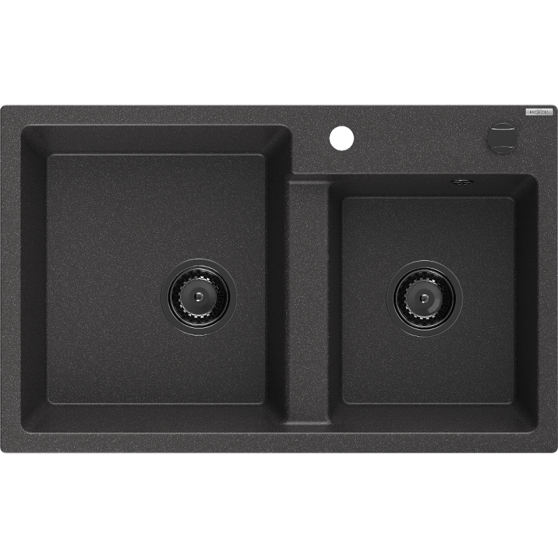 Mexen Tomas žulový dřez 2-komorový 800 x 500 mm, černý tečkovaný, černý sifon - 6516802000-76-B