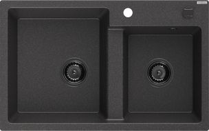 Mexen Tomas žulový dřez 2-komorový 800 x 500 mm, černý tečkovaný, černý sifon - 6516802000-76-B