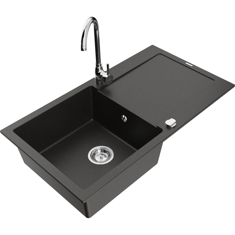 Mexen Leo granitový dřez s 1 vanou s odkapávačem a kuchyňskou baterií Telma, černý/zlatý metalický - 6501-75-670200-00