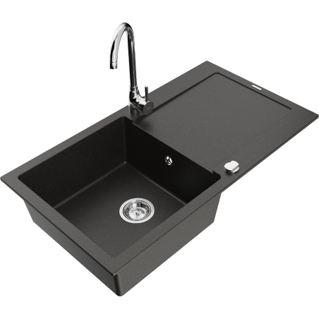 Mexen Leo granitový dřez s 1 vanou s odkapávačem a kuchyňskou baterií Telma, černý/zlatý metalický - 6501-75-670200-00