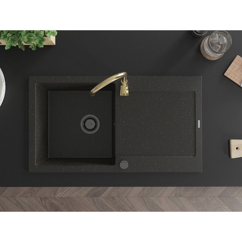 Mexen Leo granitový dřez 1-komorový s odkapávačem a kuchyňskou baterií Telma, černý/zlatý metalik - 6501-75-670200-50-B