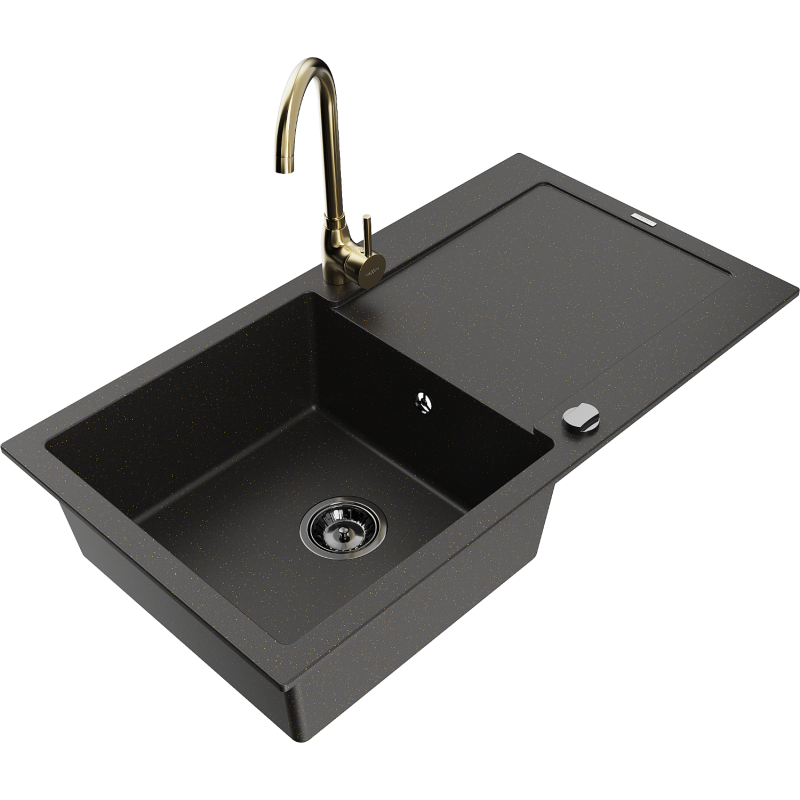 Mexen Leo granitový dřez 1-komorový s odkapávačem a kuchyňskou baterií Telma, černý/zlatý metalik - 6501-75-670200-50-B