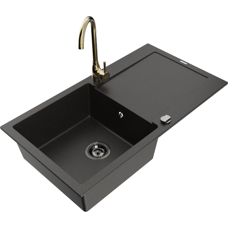 Mexen Leo granitový dřez 1-komorový s odkapávačem a kuchyňskou baterií Telma, černý/zlatý metalik - 6501-75-670200-50-B
