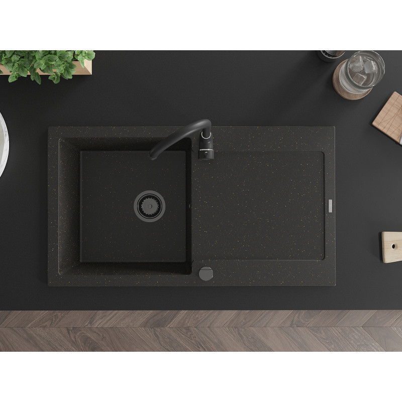 Mexen Leo granitový dřez s 1 komorou s odkapávačem a kuchyňskou baterií Telma, černý/zlatý metalický