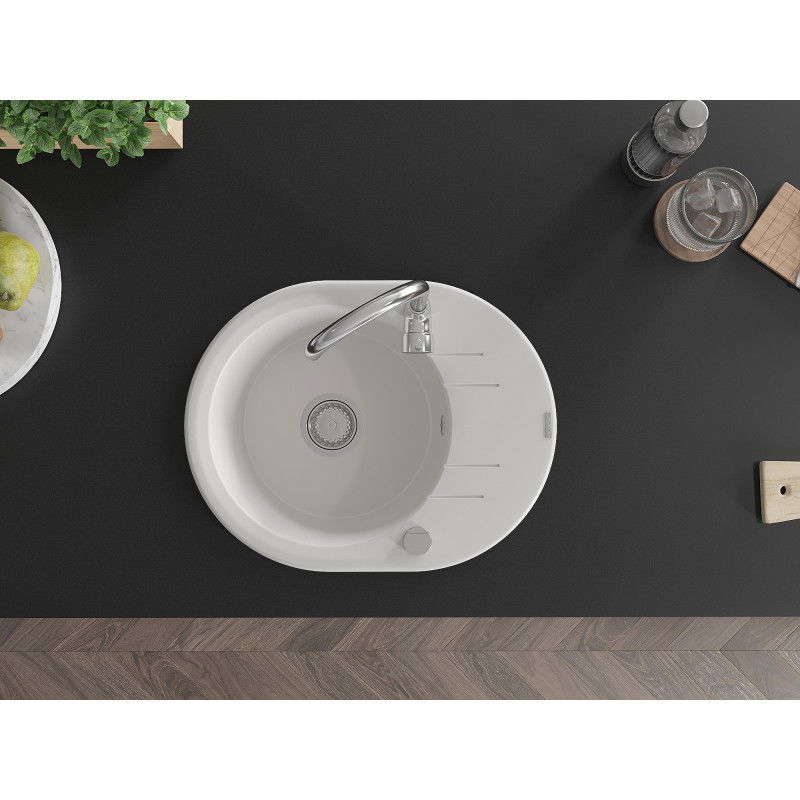 Mexen Kevin granitový dřez 1-komorový s odkapávačem 586 x 458 mm, bílý, sifon chrom - 6517581005-20