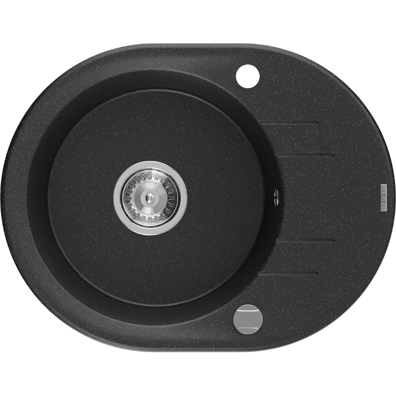 Mexen Kevin granitový dřez s jednou komorou a odkapávačem 586 x 458 mm, černý/stříbrný metalický, chromový sifon