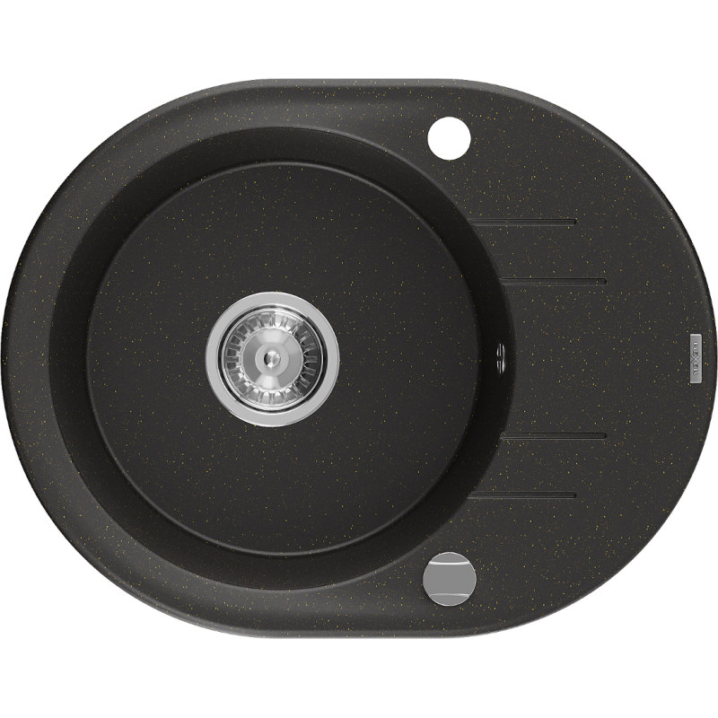 Mexen Kevin granitový dřez 1-komorový s odkapávačem 586 x 458 mm, černý/zlatý metalík, sifon chrom - 6517581005-75