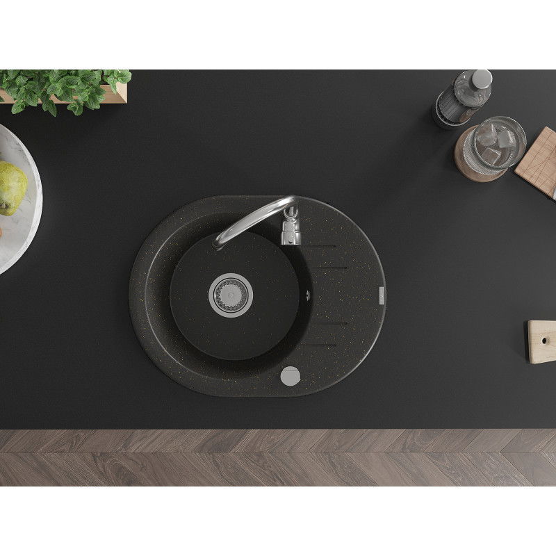 Mexen Kevin granitový dřez 1-komorový s odkapávačem 586 x 458 mm, černý/zlatý metalík, sifon chrom - 6517581005-75