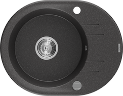 Mexen Kevin žulový dřez s odkapávačem 1-komorový 586 x 458 mm, černý s bílými tečkami, sifon chrom - 6517581005-76