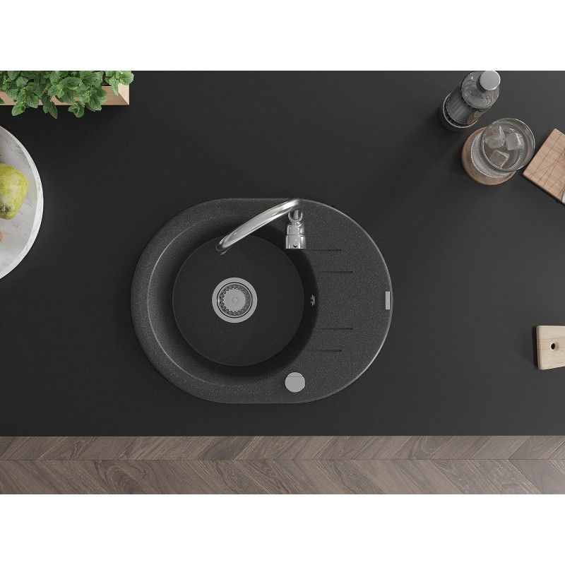 Mexen Kevin žulový dřez s odkapávačem 1-komorový 586 x 458 mm, černý s bílými tečkami, sifon chrom - 6517581005-76