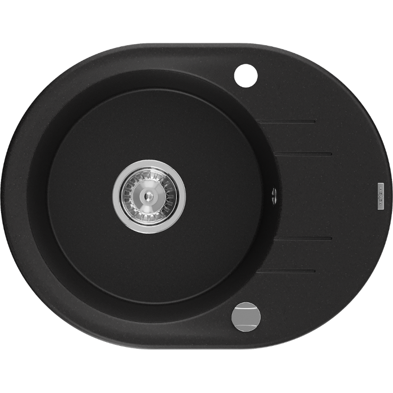 Mexen Kevin granitový dřez s jednou komorou a odkapávačem 586 x 458 mm, černý, sifon chrom - 6517581005-77