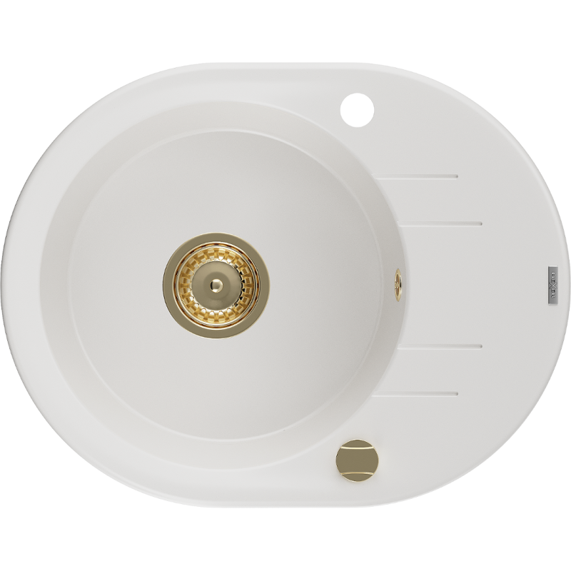Mexen Kevin žulový dřez s odkapávačem, 1-komorový, 586 x 458 mm, bílý, zlatý sifon - 6517581005-20-G