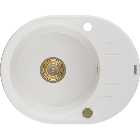 Mexen Kevin žulový dřez s odkapávačem, 1-komorový, 586 x 458 mm, bílý, zlatý sifon - 6517581005-20-G