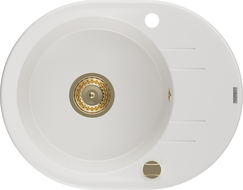 Mexen Kevin žulový dřez s odkapávačem, 1-komorový, 586 x 458 mm, bílý, zlatý sifon - 6517581005-20-G